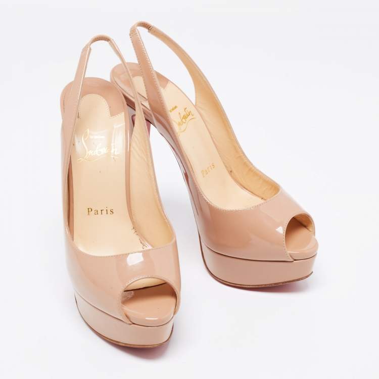 Pre Owned Christian Louboutin Beige Patent Leather Lady Peep Toe Sandals Size 37.5