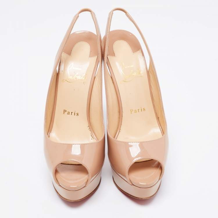 Pre Owned Christian Louboutin Beige Patent Leather Lady Peep Toe Sandals Size 37.5