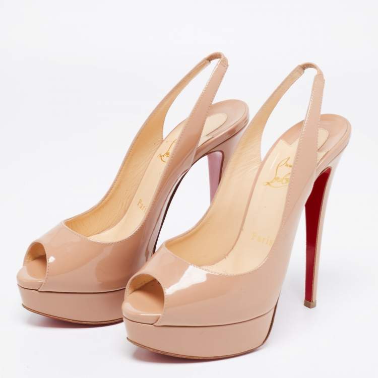 Pre Owned Christian Louboutin Beige Patent Leather Lady Peep Toe Sandals Size 37.5