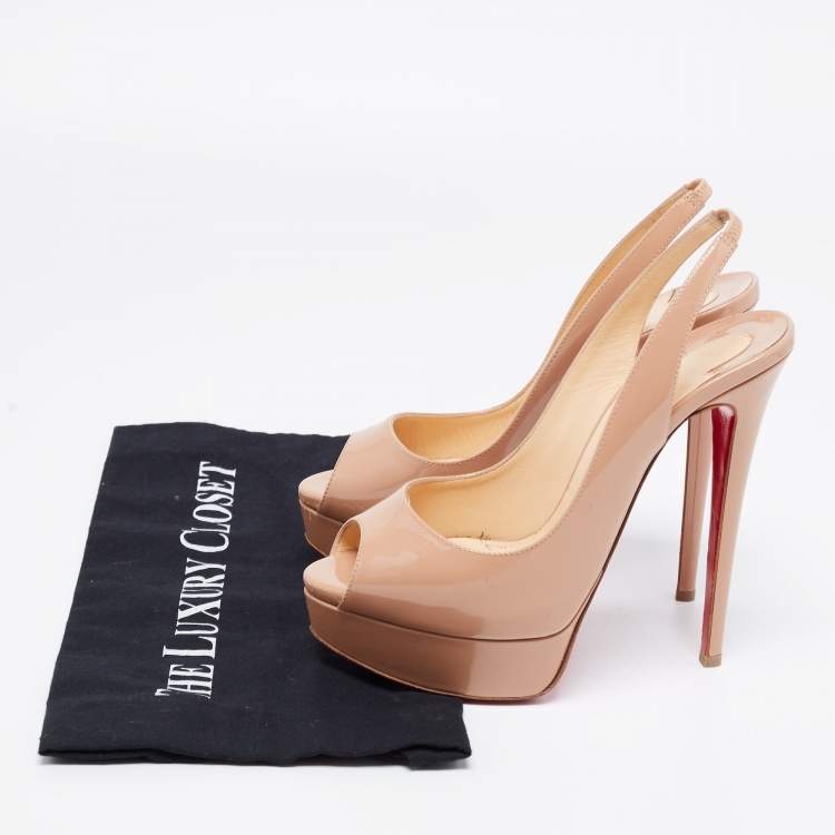 Pre Owned Christian Louboutin Beige Patent Leather Lady Peep Toe Sandals Size 37.5