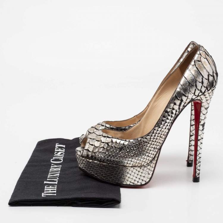 Pre Owned Christian Louboutin Metallic Silver Python Leather Lady Peep Toe Platform Pumps Size 37.5