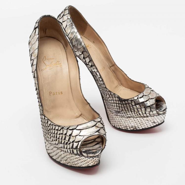 Pre Owned Christian Louboutin Metallic Silver Python Leather Lady Peep Toe Platform Pumps Size 37.5