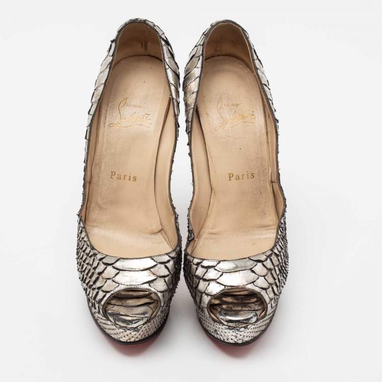 Pre Owned Christian Louboutin Metallic Silver Python Leather Lady Peep Toe Platform Pumps Size 37.5