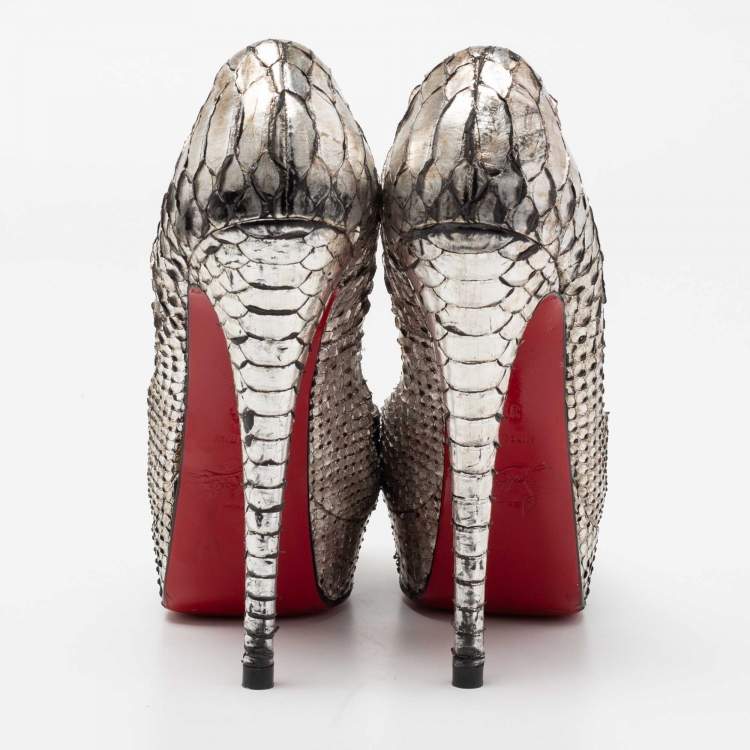 Pre Owned Christian Louboutin Metallic Silver Python Leather Lady Peep Toe Platform Pumps Size 37.5