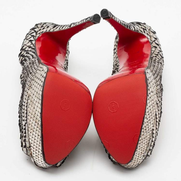 Pre Owned Christian Louboutin Metallic Silver Python Leather Lady Peep Toe Platform Pumps Size 37.5