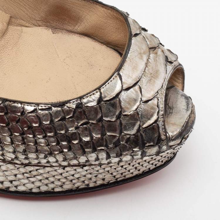 Pre Owned Christian Louboutin Metallic Silver Python Leather Lady Peep Toe Platform Pumps Size 37.5