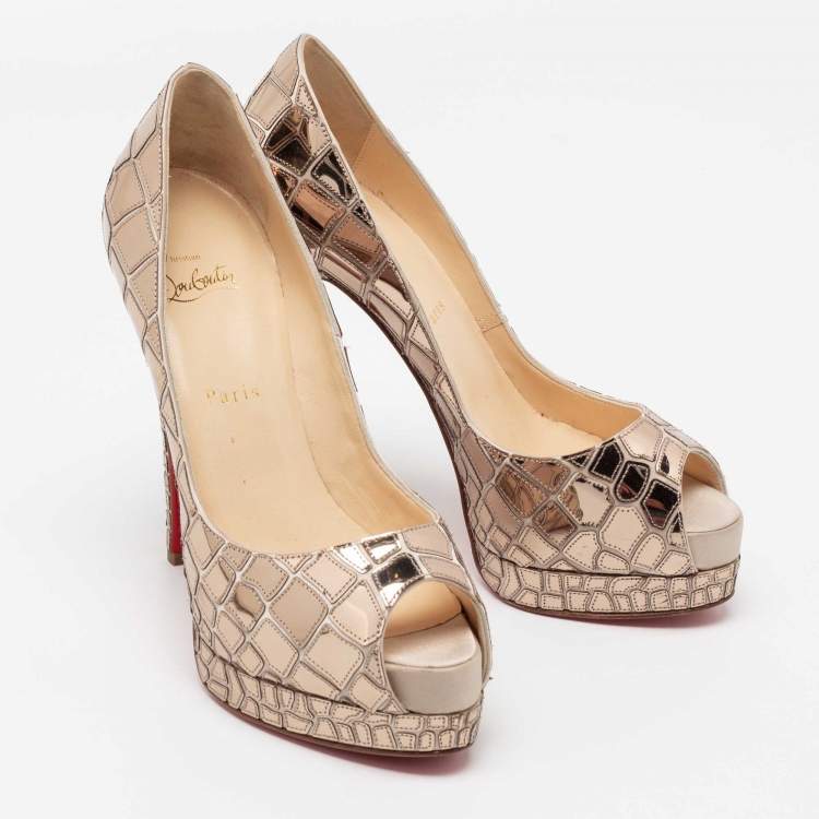 Pre Owned Christian Louboutin Gold Patent Leather Mirrored Very Galaxy Art Deco Peep Toe Platform Pumps Size 39