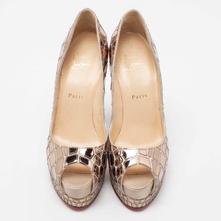 Pre Owned Christian Louboutin Gold Patent Leather Mirrored Very Galaxy Art Deco Peep Toe Platform Pumps Size 39