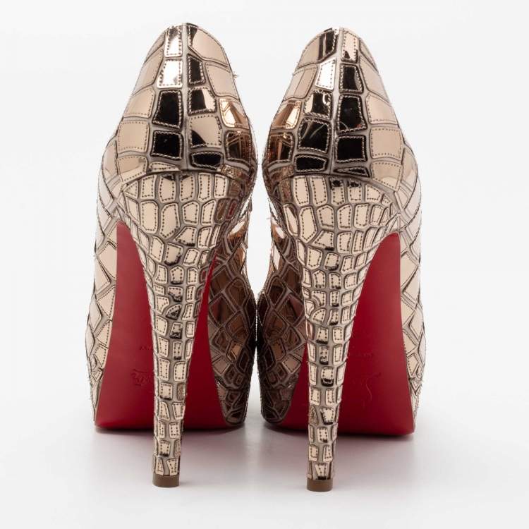 Pre Owned Christian Louboutin Gold Patent Leather Mirrored Very Galaxy Art Deco Peep Toe Platform Pumps Size 39