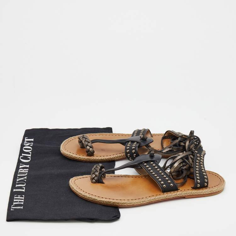 Pre Owned Christian Louboutin Black Leather and Nylon Hola Chica Toe Ring Sandals Size 39