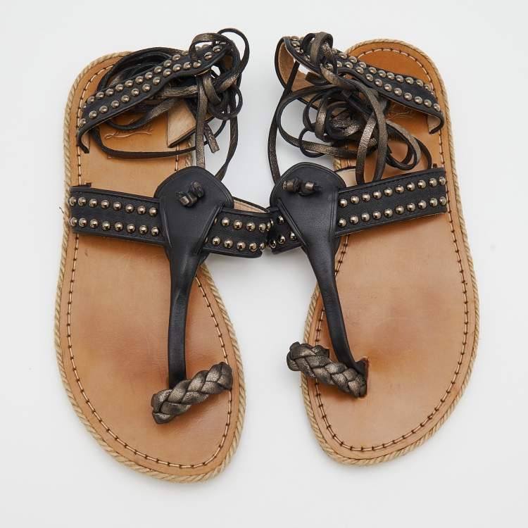 Pre Owned Christian Louboutin Black Leather and Nylon Hola Chica Toe Ring Sandals Size 39