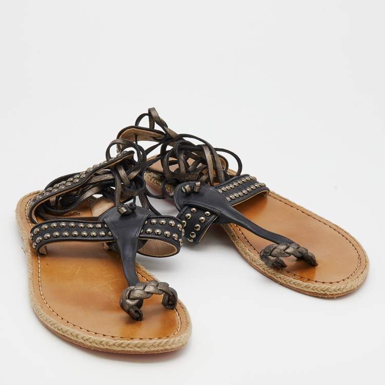 Pre Owned Christian Louboutin Black Leather and Nylon Hola Chica Toe Ring Sandals Size 39