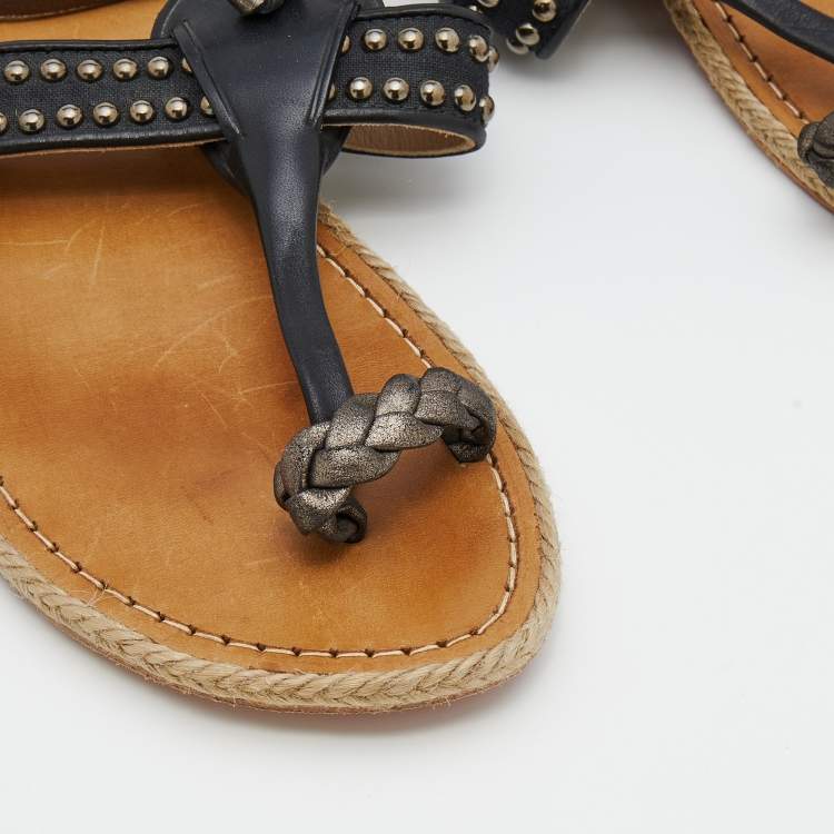 Pre Owned Christian Louboutin Black Leather and Nylon Hola Chica Toe Ring Sandals Size 39