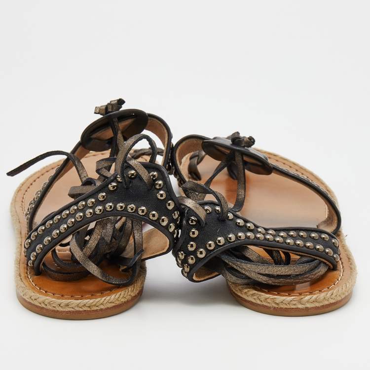 Pre Owned Christian Louboutin Black Leather and Nylon Hola Chica Toe Ring Sandals Size 39