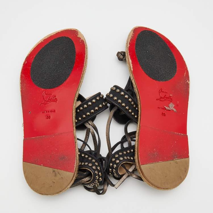Pre Owned Christian Louboutin Black Leather and Nylon Hola Chica Toe Ring Sandals Size 39