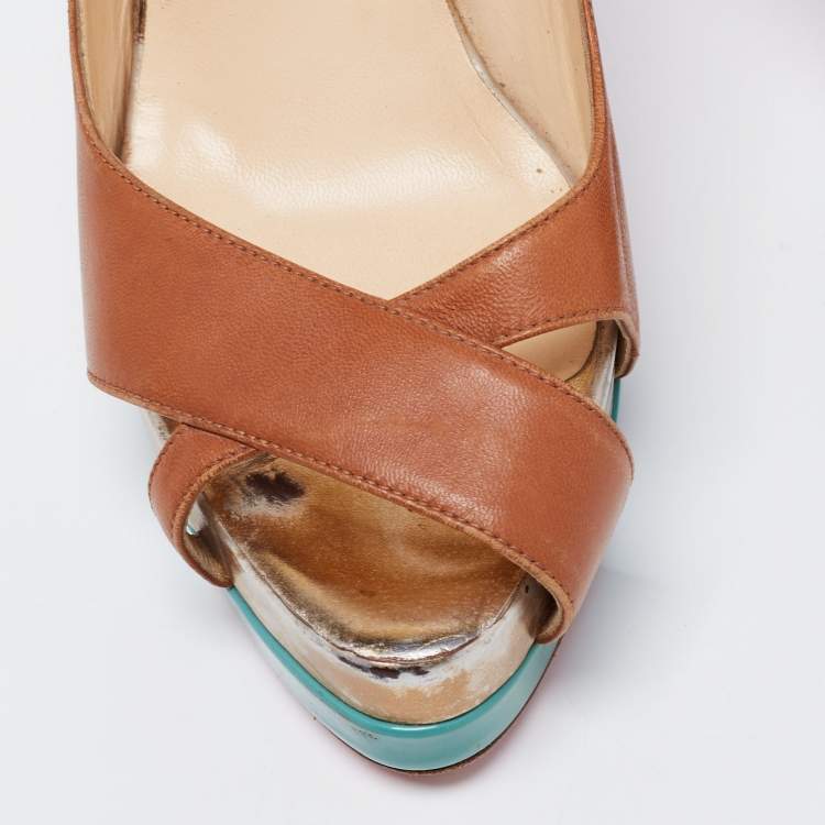 Pre Owned Christian Louboutin Brown Leather Very Croise Slingback Platform Pumps Size 38