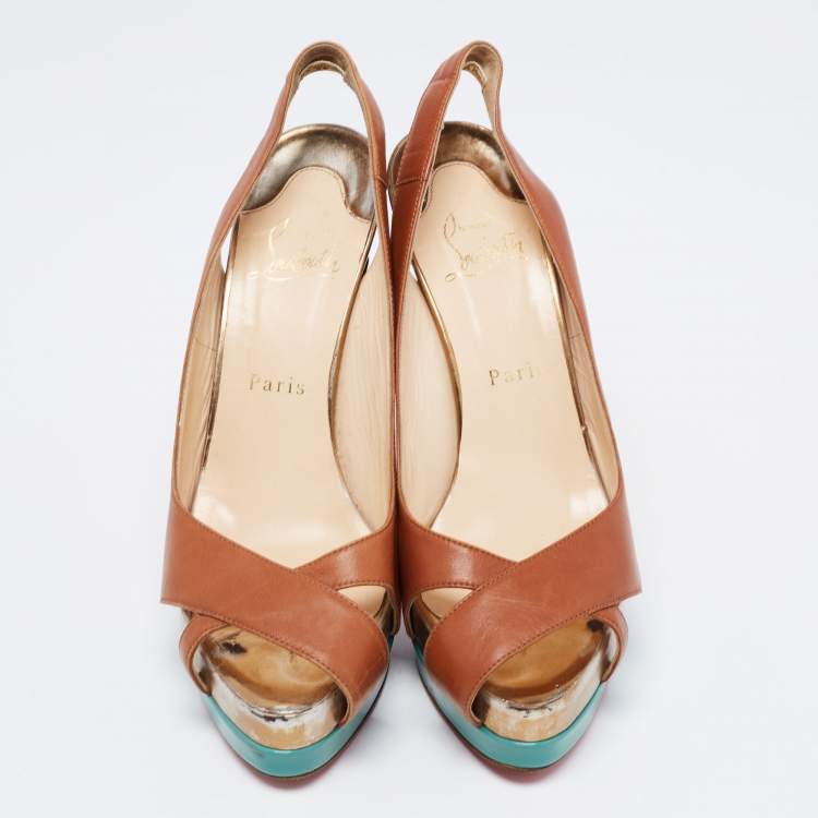 Pre Owned Christian Louboutin Brown Leather Very Croise Slingback Platform Pumps Size 38