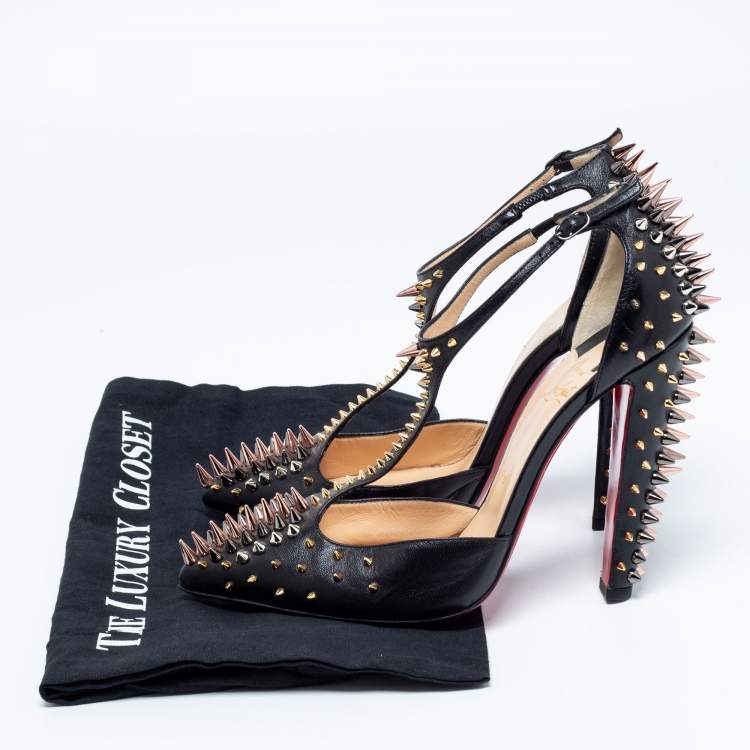 Pre Owned Christian Louboutin Black Leather Goldostrap Spiked Pumps Size 39.5