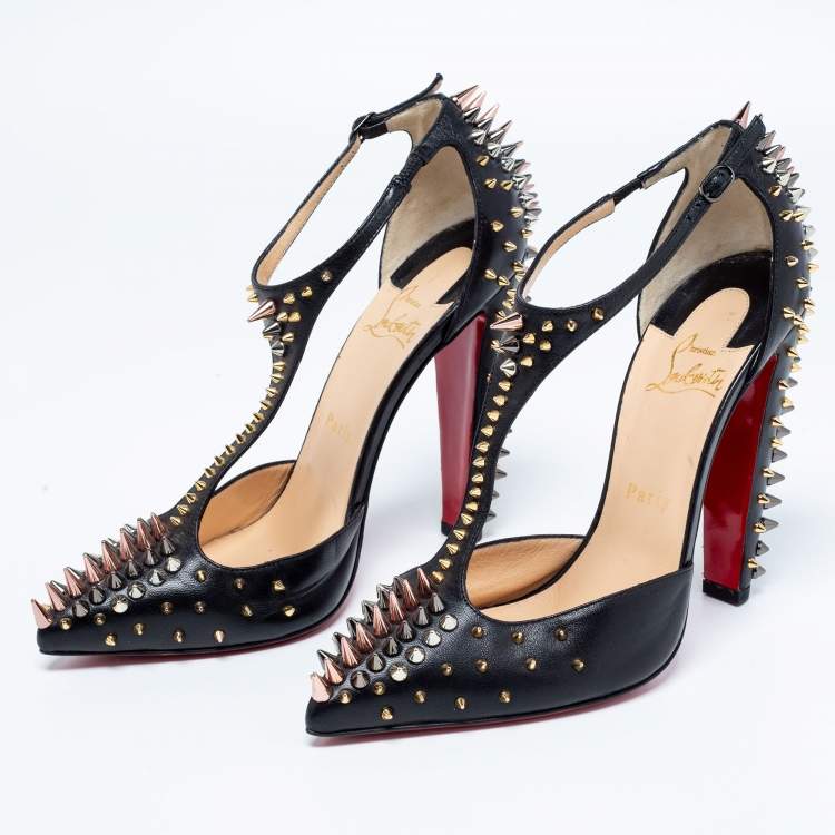 Pre Owned Christian Louboutin Black Leather Goldostrap Spiked Pumps Size 39.5