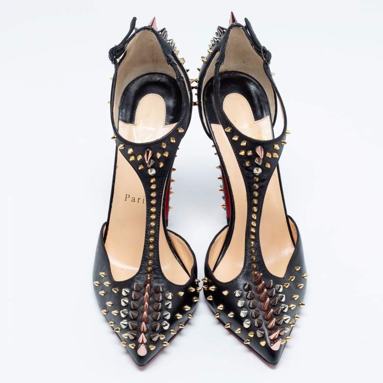 Pre Owned Christian Louboutin Black Leather Goldostrap Spiked Pumps Size 39.5