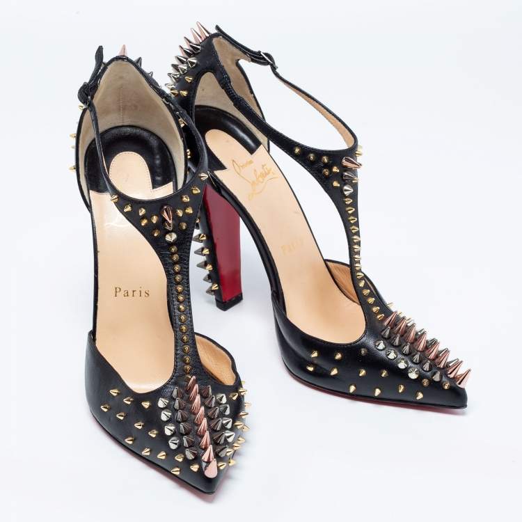 Pre Owned Christian Louboutin Black Leather Goldostrap Spiked Pumps Size 39.5