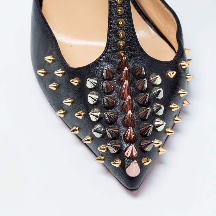 Pre Owned Christian Louboutin Black Leather Goldostrap Spiked Pumps Size 39.5