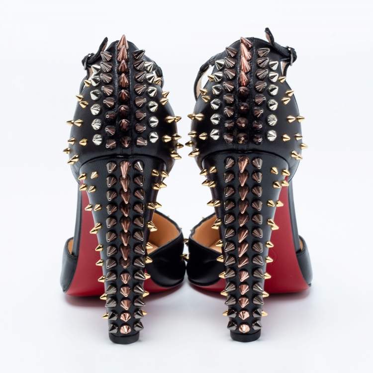 Pre Owned Christian Louboutin Black Leather Goldostrap Spiked Pumps Size 39.5