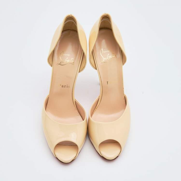 Pre Owned Christian Louboutin Pale Yellow Patent Leather Madame Claude 120 Peep-Toe Pumps Size 39.5