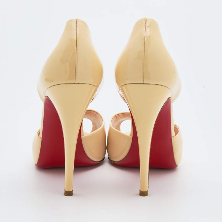 Pre Owned Christian Louboutin Pale Yellow Patent Leather Madame Claude 120 Peep-Toe Pumps Size 39.5