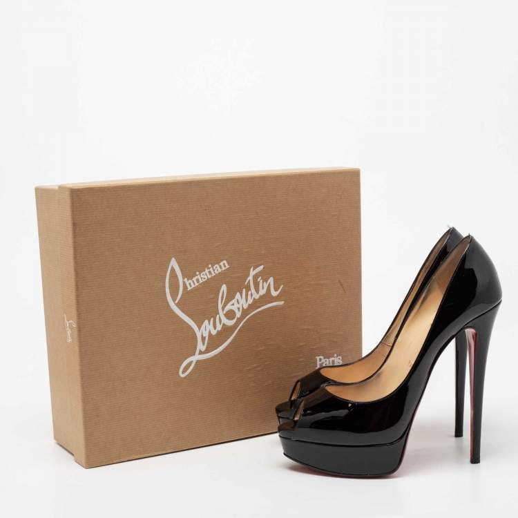 Pre Owned Christian Louboutin Black Patent Leather Lady Peep-Toe Platform Pumps Size 39.5