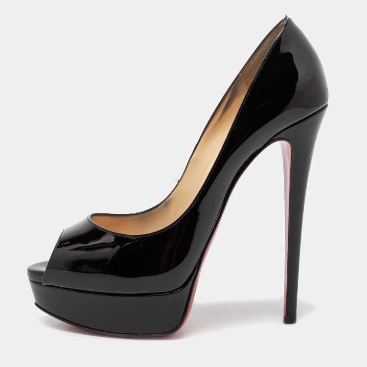 Pre Owned Christian Louboutin Black Patent Leather Lady Peep-Toe Platform Pumps Size 39.5