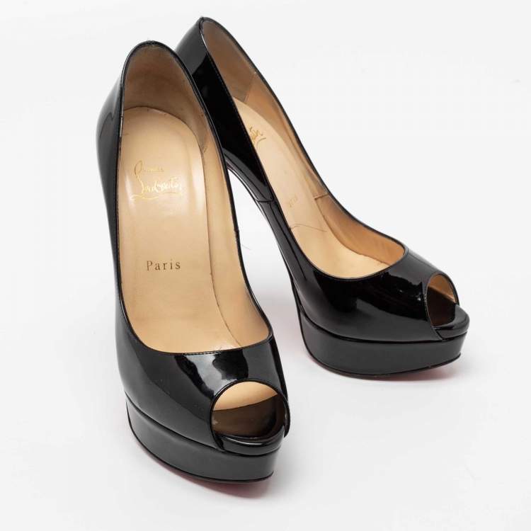Pre Owned Christian Louboutin Black Patent Leather Lady Peep-Toe Platform Pumps Size 39.5