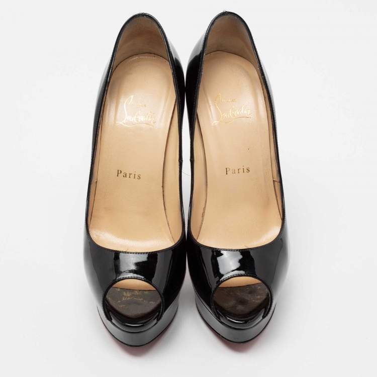 Pre Owned Christian Louboutin Black Patent Leather Lady Peep-Toe Platform Pumps Size 39.5