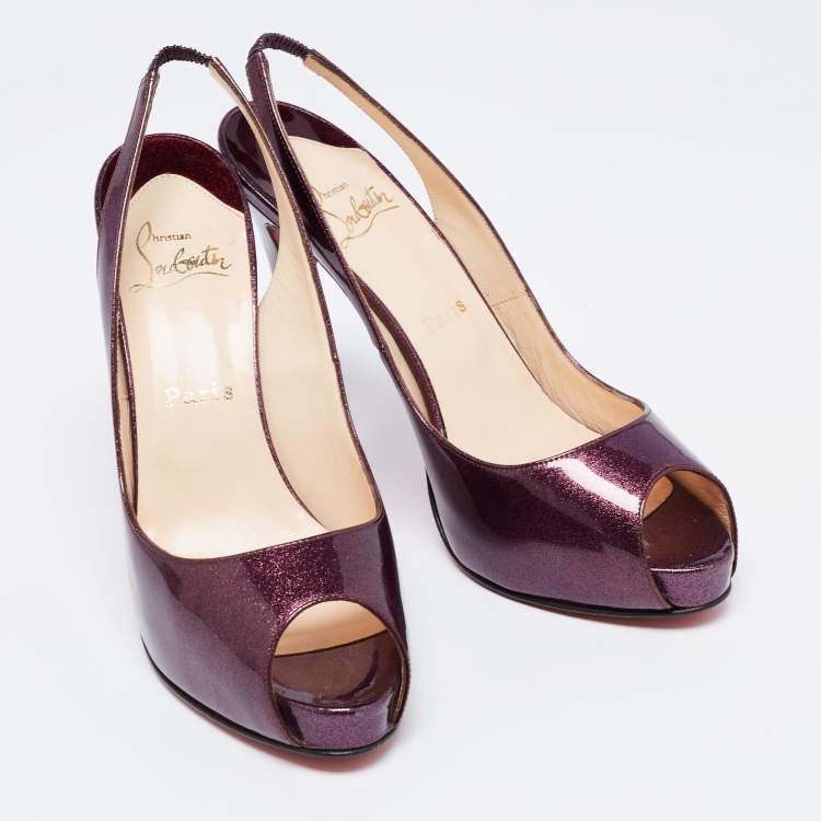 Pre Owned Christian Louboutin Purple Glitter Patent Leather No Prive Peep-Toe Slingback Sandals Size 41
