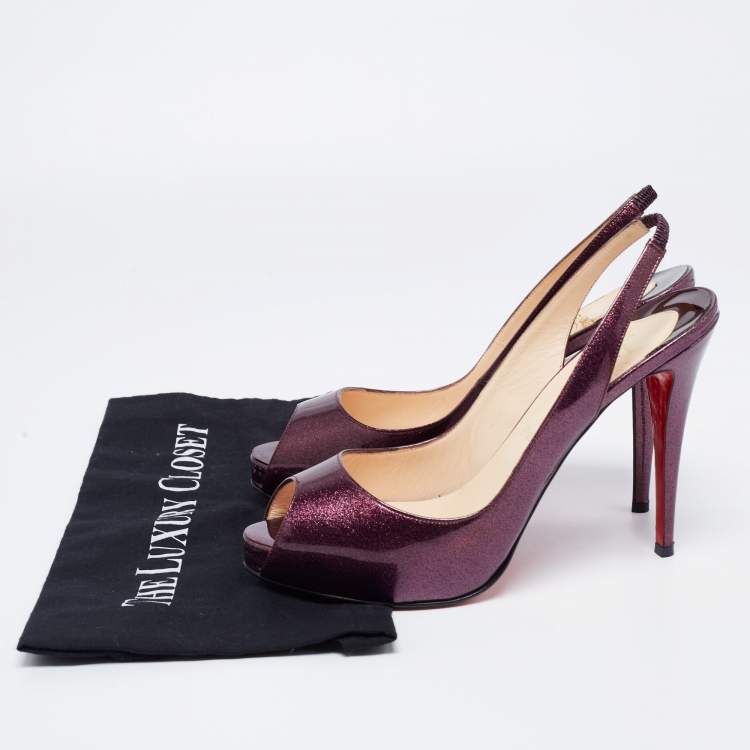 Pre Owned Christian Louboutin Purple Glitter Patent Leather No Prive Peep-Toe Slingback Sandals Size 41