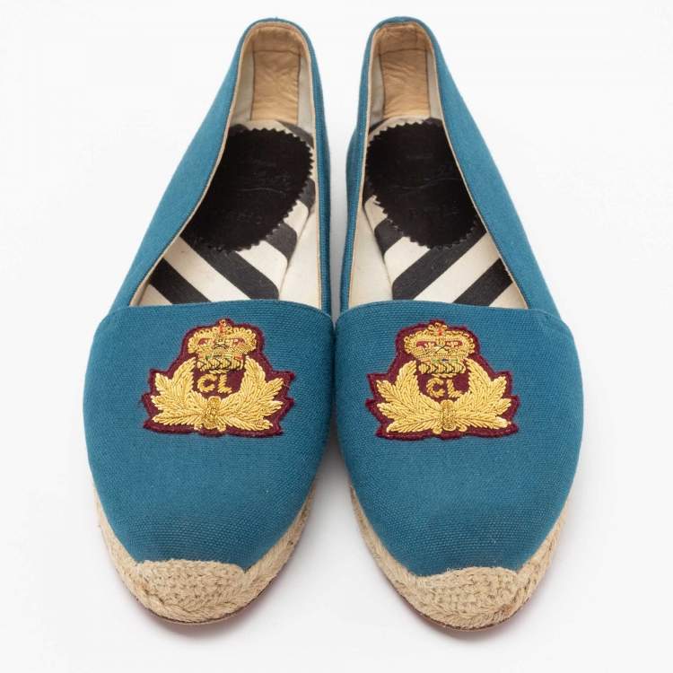 Pre Owned Christian Louboutin Blue Canvas Gala Embroidered Crest Flat Espadrilles Size 39