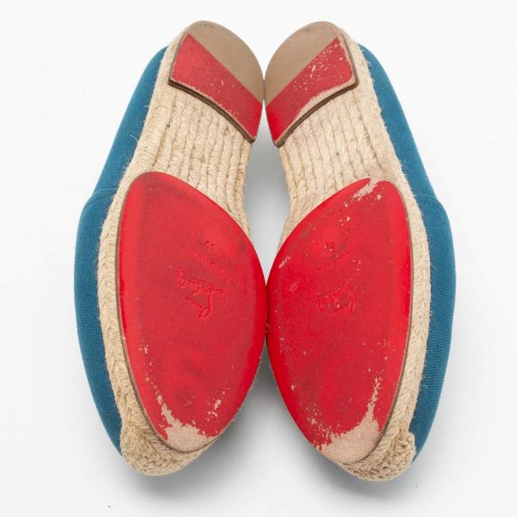 Pre Owned Christian Louboutin Blue Canvas Gala Embroidered Crest Flat Espadrilles Size 39