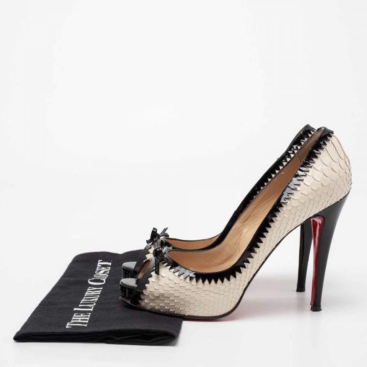 Pre Owned Christian Louboutin Beige/Black Python Leather Bow Very Prive Peep-Toe Pumps Size 40