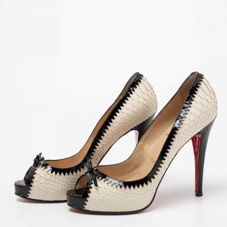 Pre Owned Christian Louboutin Beige/Black Python Leather Bow Very Prive Peep-Toe Pumps Size 40