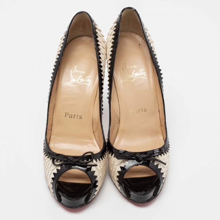 Pre Owned Christian Louboutin Beige/Black Python Leather Bow Very Prive Peep-Toe Pumps Size 40
