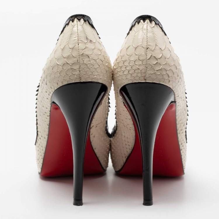 Pre Owned Christian Louboutin Beige/Black Python Leather Bow Very Prive Peep-Toe Pumps Size 40