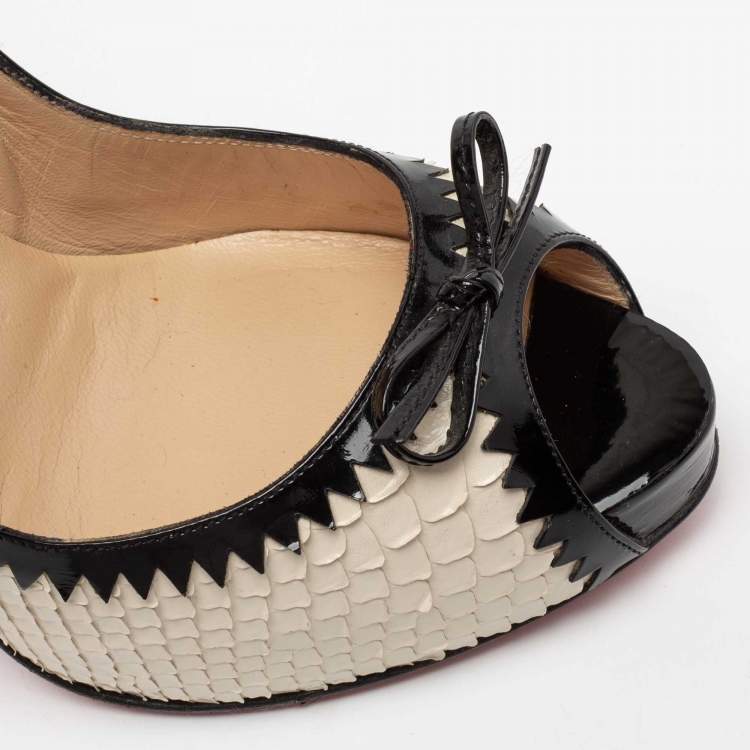 Pre Owned Christian Louboutin Beige/Black Python Leather Bow Very Prive Peep-Toe Pumps Size 40