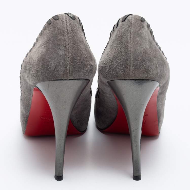 Pre Owned Christian Louboutin Grey Suede Whipstitch Very Prive Peep-Toe Pumps Size 41