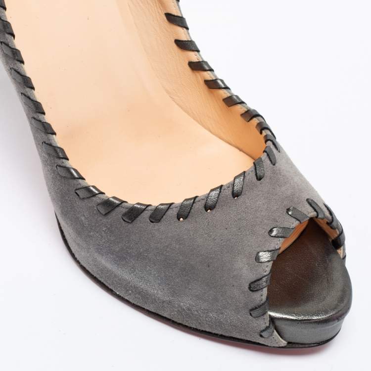 Pre Owned Christian Louboutin Grey Suede Whipstitch Very Prive Peep-Toe Pumps Size 41