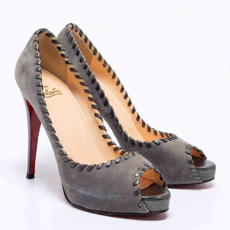 Pre Owned Christian Louboutin Grey Suede Whipstitch Very Prive Peep-Toe Pumps Size 41