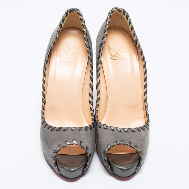 Pre Owned Christian Louboutin Grey Suede Whipstitch Very Prive Peep-Toe Pumps Size 41