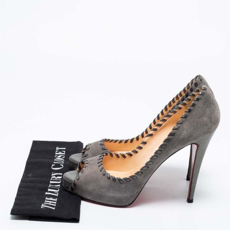 Pre Owned Christian Louboutin Grey Suede Whipstitch Very Prive Peep-Toe Pumps Size 41