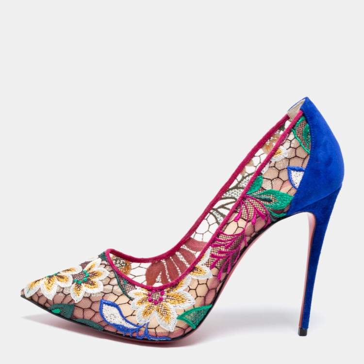 Pre Owned Christian Louboutin Multicolor Follies Lace and Suede Floral Rete Pumps Size 41