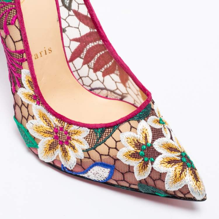 Pre Owned Christian Louboutin Multicolor Follies Lace and Suede Floral Rete Pumps Size 41