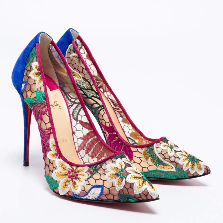 Pre Owned Christian Louboutin Multicolor Follies Lace and Suede Floral Rete Pumps Size 41